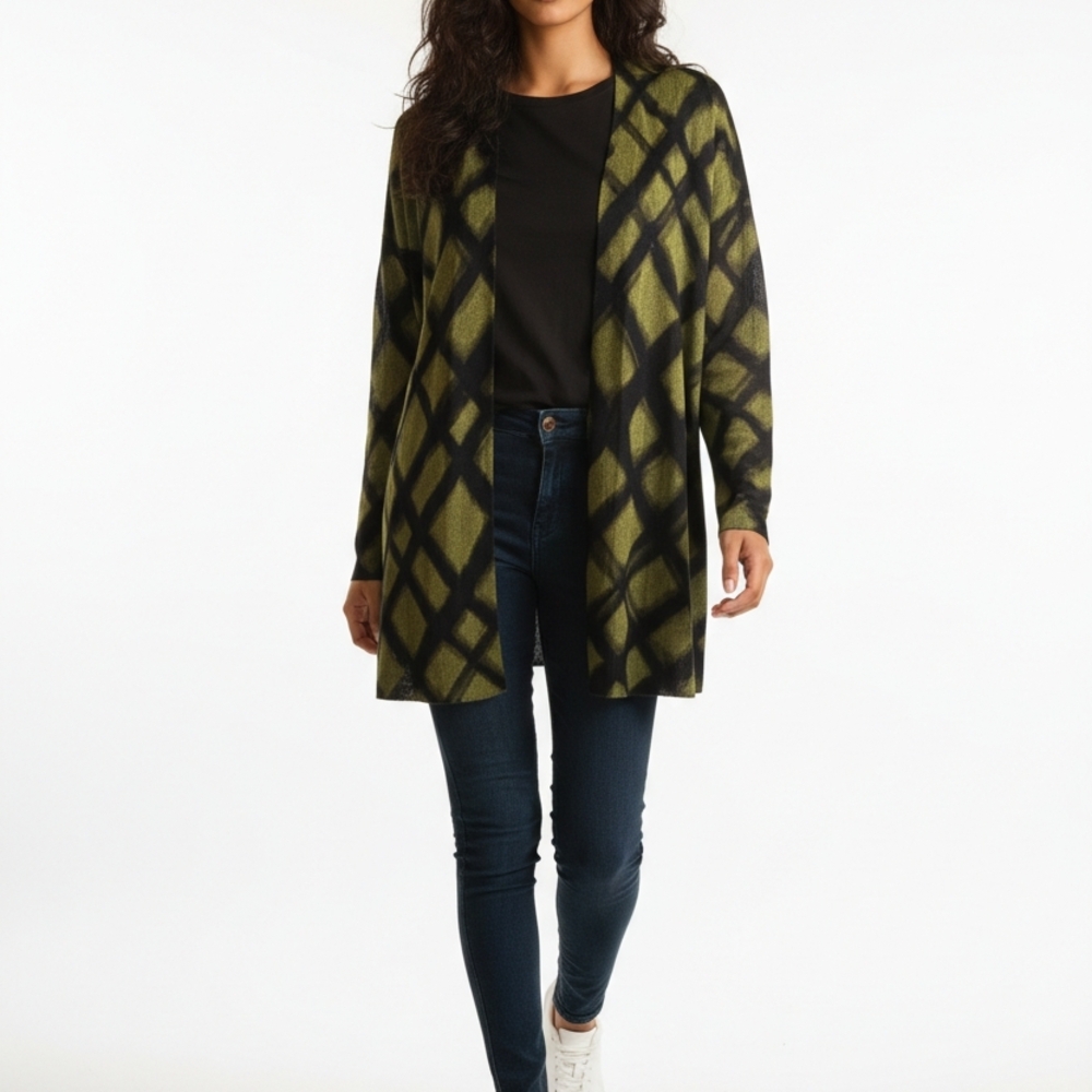 Caroline Rose Abstract Print Open Front Duster Cardigan Olive Black Size XL USA